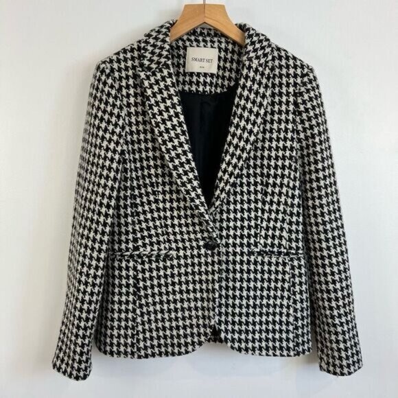 Vintage Houndstooth Black White Wool Blend Womens Blazer Jacket Coat Shacket M - Picture 15 of 15